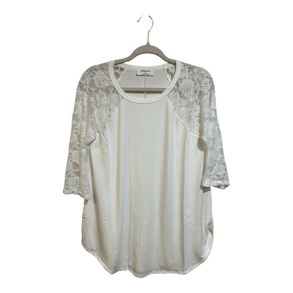 Zenana Outfitters Ivory Lace Raglan Sleeve Top Various Sizes - Picture 2 of 8